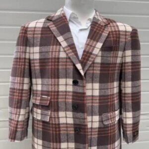 Mens Plaid Overcoat - Checkered Carcoat - Wool Three Quarter Peacoat Ticket Pock